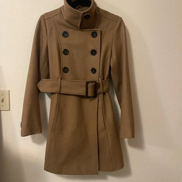 Wool Blend Tan Double-Breasted Coat - Picture 12 of 16